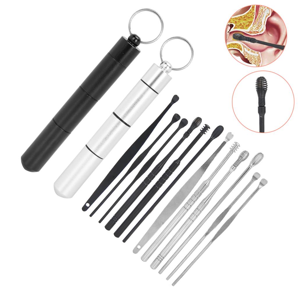 Earwax Remover Kit Stainless Steel Ear Spoon Scoop Ear Wax Pick Earwax Cleaning Tool(Black Silver )