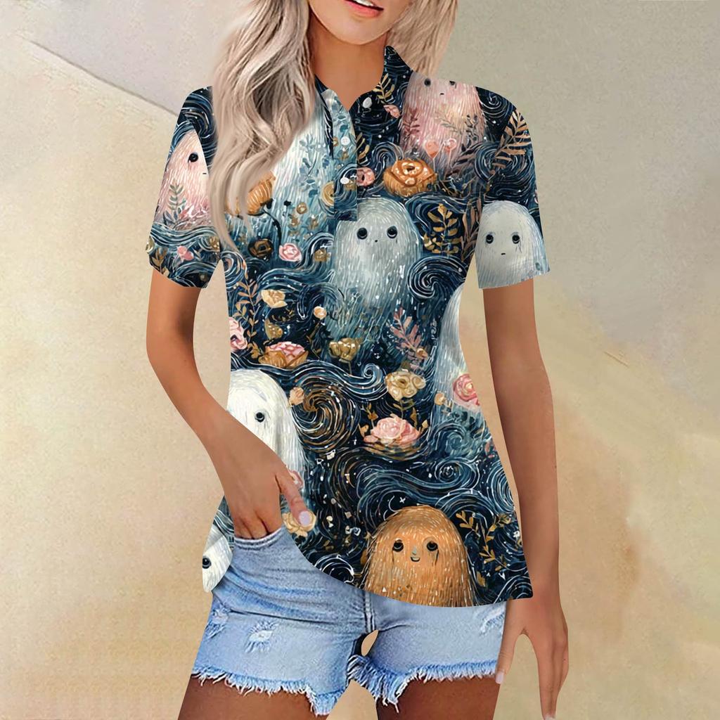Women's Fashion Casual Lapel Short Sleeve Printed Shirt Women's Button Up Tops