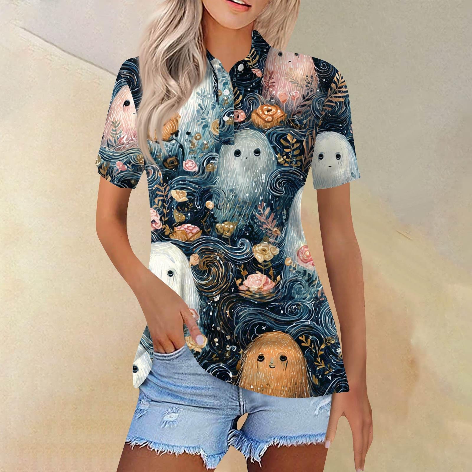 

Женская модная повседневная рубашка с отворотом и коротким рукавом с принтом, женские топы на пуговицах M тёмно-синий