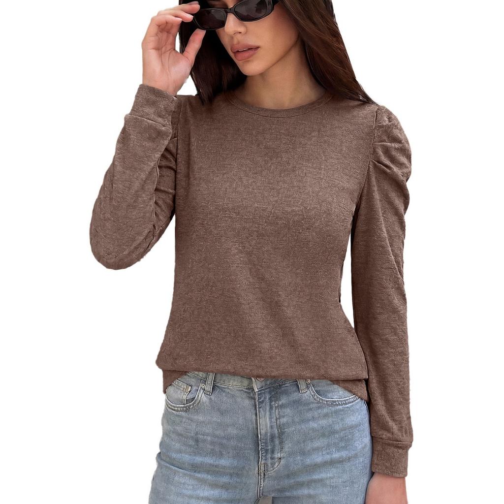 Fall Winter Women's Solid Color Loose Crew Neck Pleated Long Sleeve T-shirt Top For Cross-border European American Trade