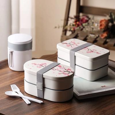 Boîte à déjeuner Fleur de cerisier japonaise avec couverts Boîtes bento micro-ondables Tasse à soupe Portable Étudiant Boîte à lunch double couche pour aliments