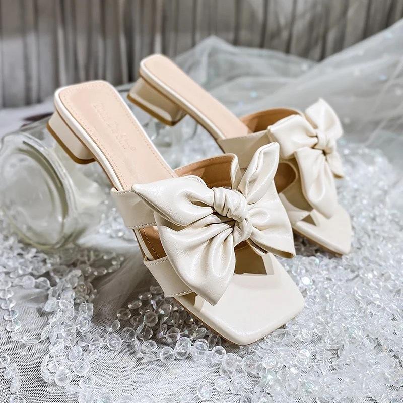 Fashion sandals women's outer wear 2025 summer new crystal transparent medium thick heel silk mesh two wear cool slippers