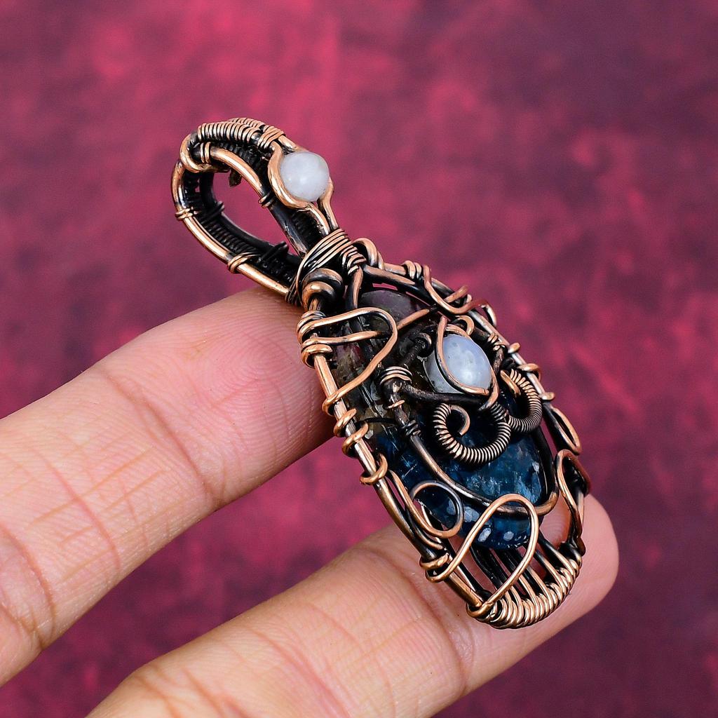 Evil Eye Copper Watermelon Tourmaline Pendant Copper Wire Wrapped Dainty Jewelry