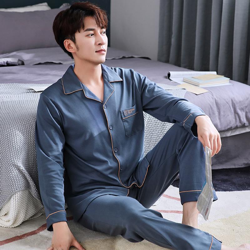 Solid Color Pajamas Men'S Spring And Autumn Pure Cotton Long-Sleeved Loungewear Men'S Autumn Cotton Thin Qingzhong Two-Piece Suit