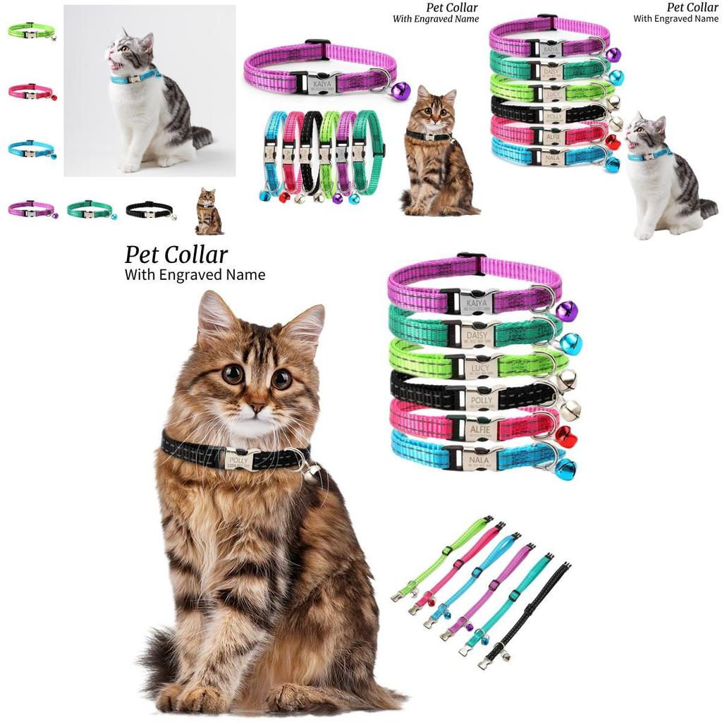 Reflective Nylon Cat Collar With Bell Free Engraving Available In Multiple Colors Suitable For Cats