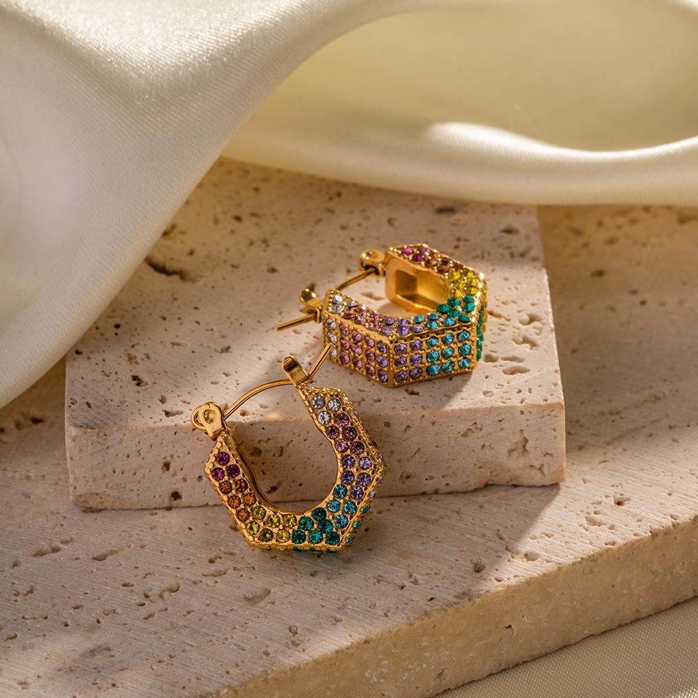 Luxury Diamond Cubic Zircon Earrings Stainless Steel Jewelry Gold Hoops Geometric Hoop Earrings