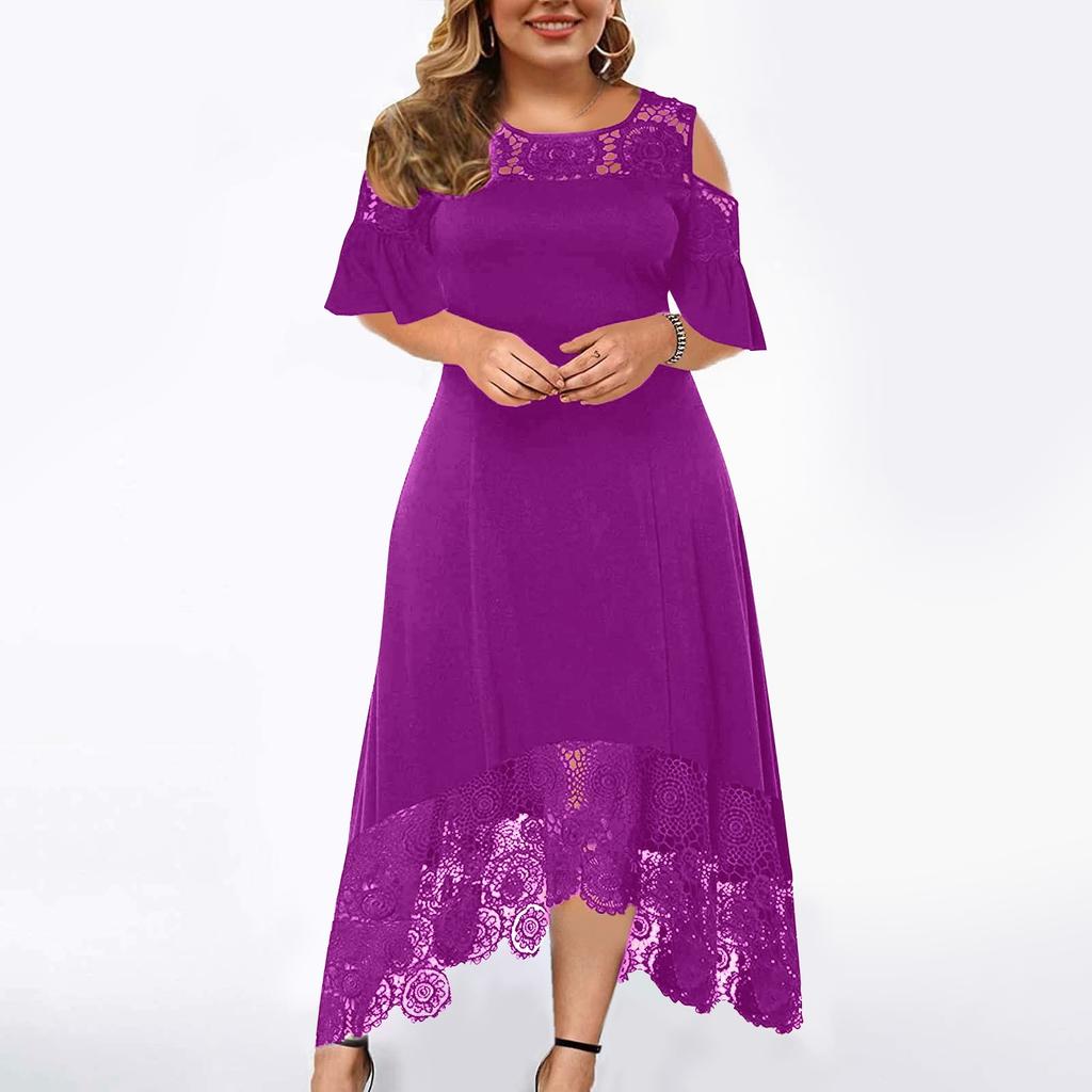 Fashion Womens Lace Stitching Ruffle Short-Sleeved Strapless Sheath Dress