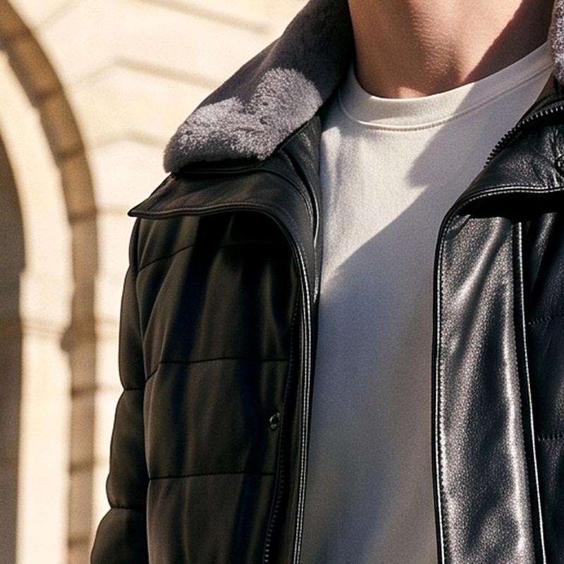 Men's Mid-Length Sheepskin Leather Down Jacket with Shearling Collar