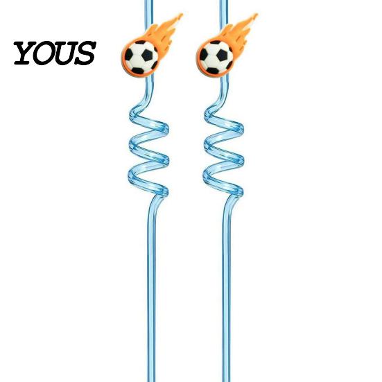 Reusable PET Straw 2Pcs Soccer Theme Spiral Straws, Curved Drinking Washable Straws with Football Charm, World Mug Party Beverage Decor Bendable