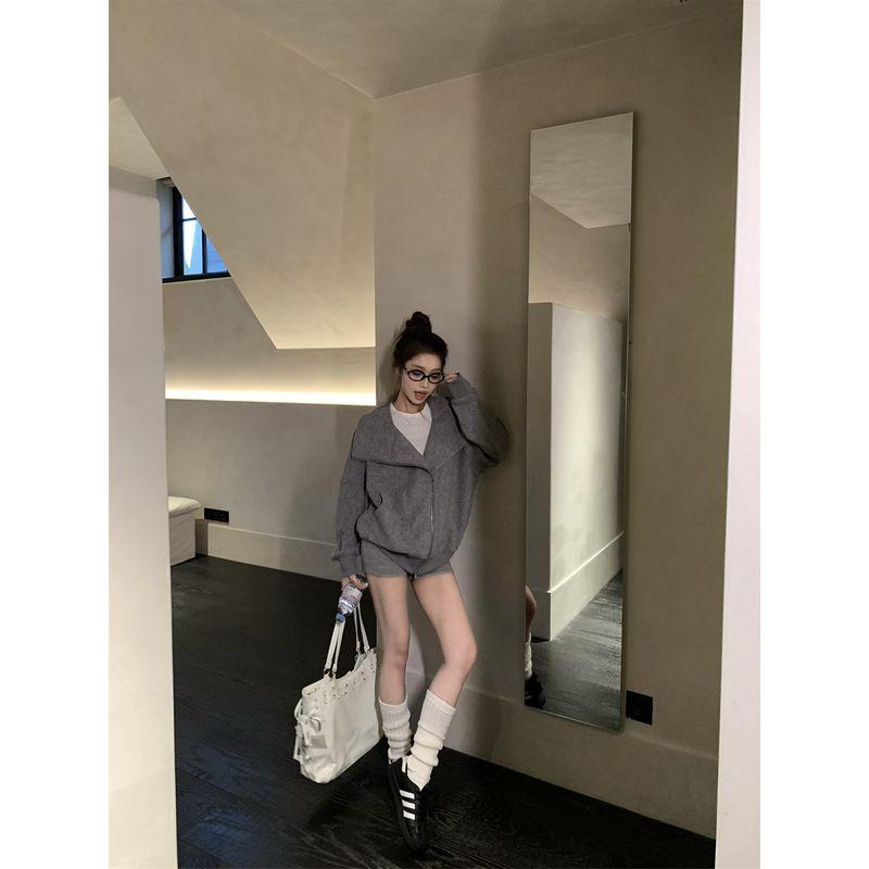 Kumikumi Stylish Gray Double Zipper Long Sleeves Sweaters Women's Clothing Fall Retro Casual Loose-Fitting Coat Top