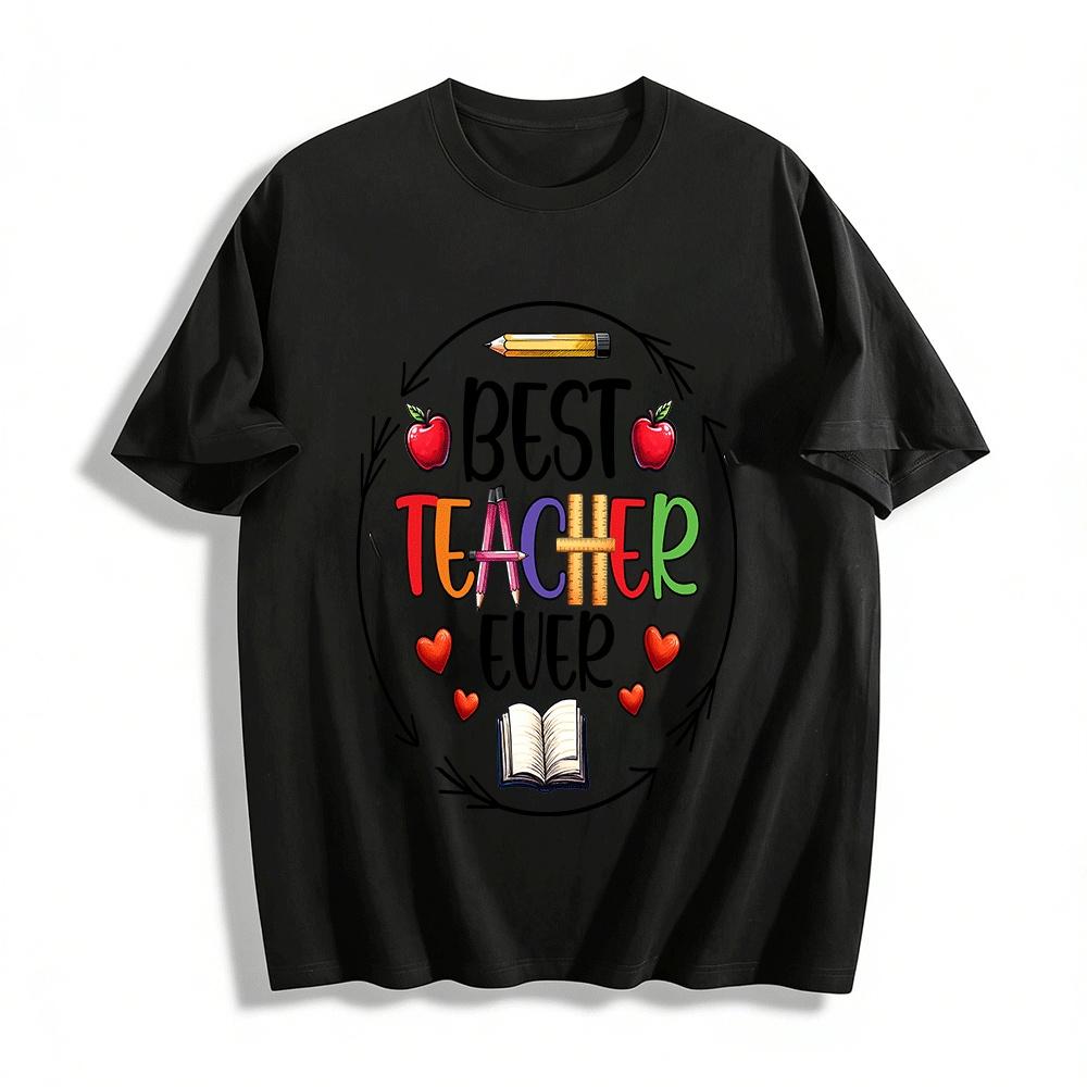 Best Teacher Ever Apple Pencil Print Casual Teacher Appreciation Top Pure cotton T-shirt XXS