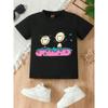 European Size Girls Round-neck Short-sleeved T-shirt with Cartoon Boy and Girl Pattern Print