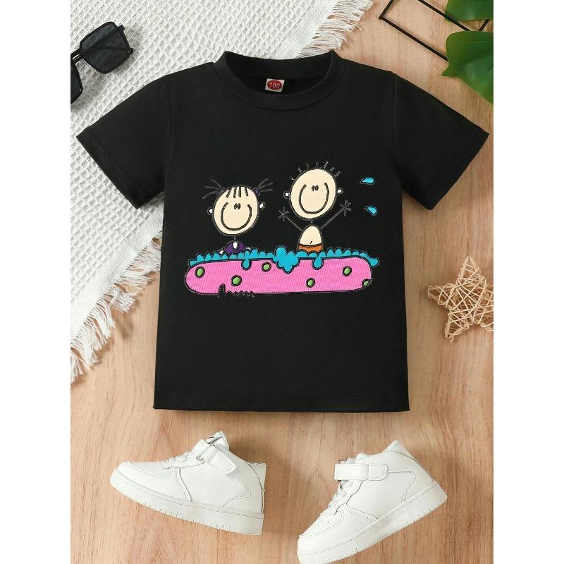 European Size Girls Round-neck Short-sleeved T-shirt with Cartoon Boy and Girl Pattern Print