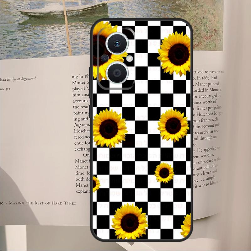 Checkerboard Sunflower Cover For OPPO Reno 14F 11F 12F 13F 10 11 12 13 14 Pro 7 8 Lite OPPO Find X6 X8 X9 Pro Case
