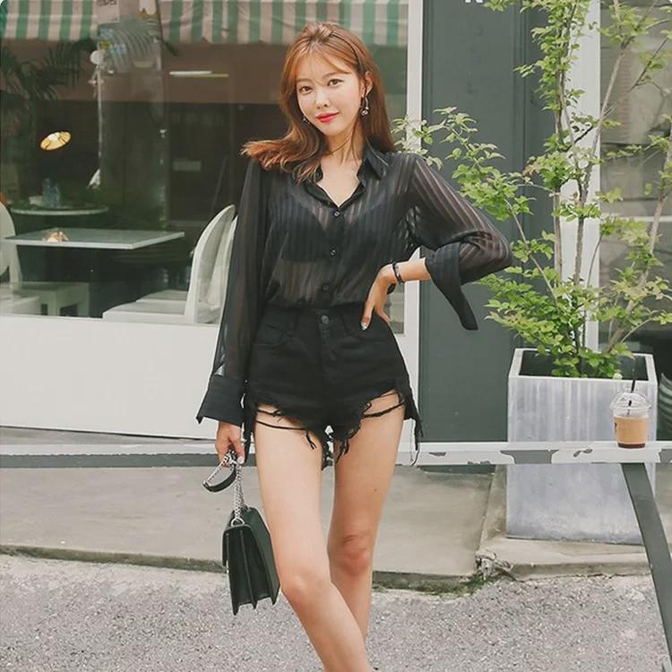 Chic Black Sheer Chiffon Shirt - Stylish and Sexy 2023 Mature Fashion Top