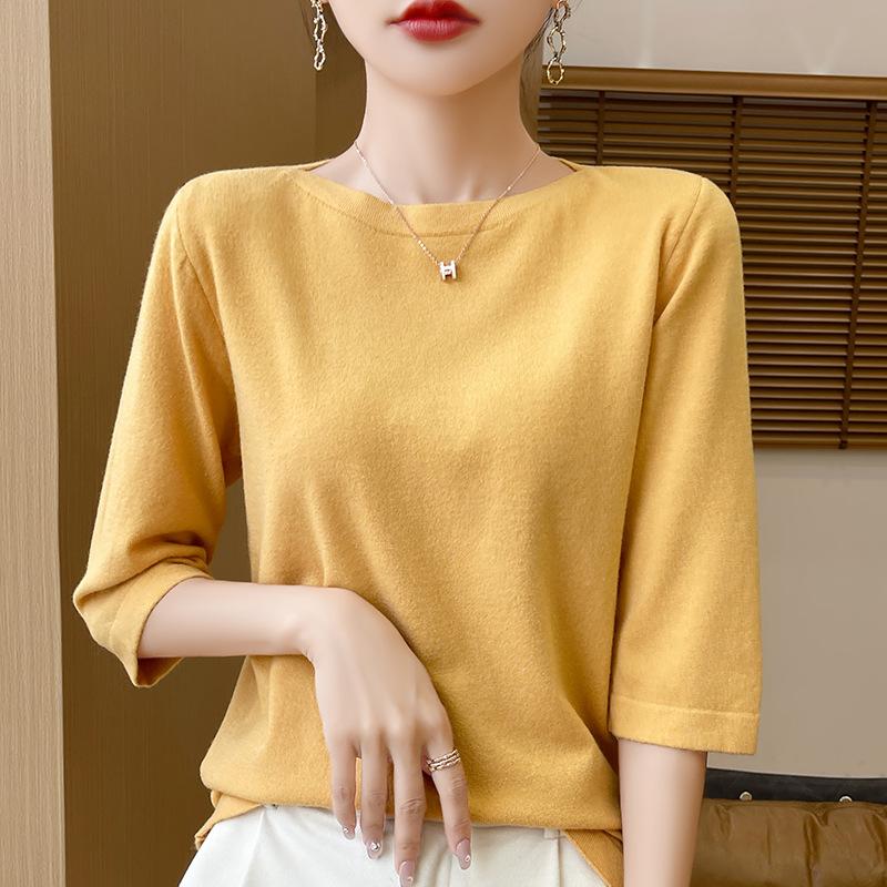 Spring and Summer New Knitted One-word Neck Seven-quarter Sleeve Knitted Pullover Bottoming Shirt Women