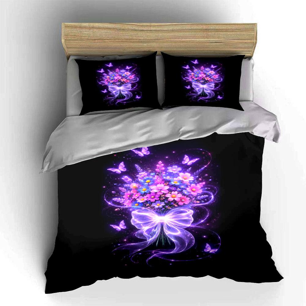 Purple Flowers and Butterflies Bedding Duvet Cover Set (1*Duvet Cover 2*Pillowcases, without duvet insert)