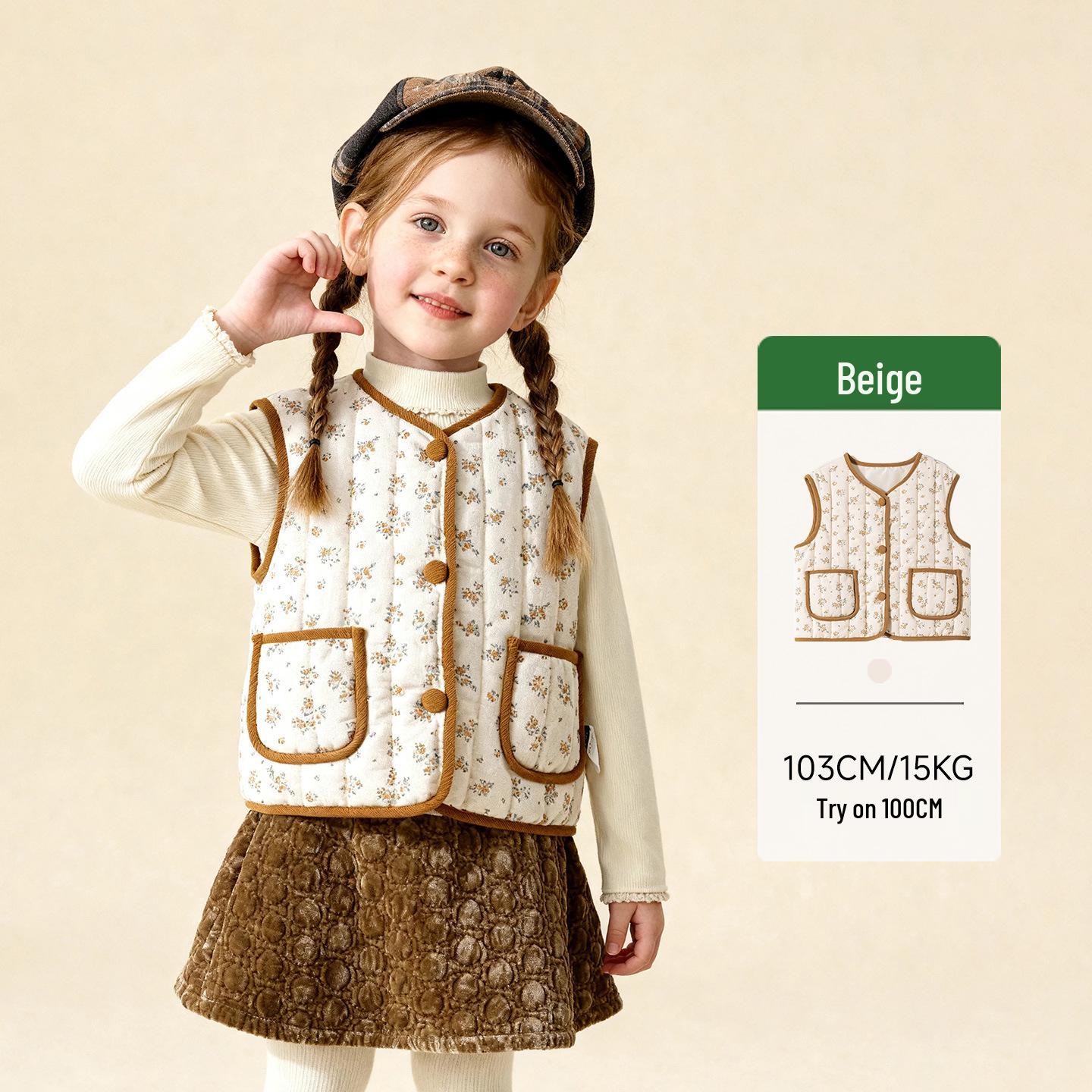 

Tongbei Kids 2025 Winter Girls Floral Print Cotton Vest - Cute, Warm & Versatile Sleeveless Cardigan 130 cm бежевый