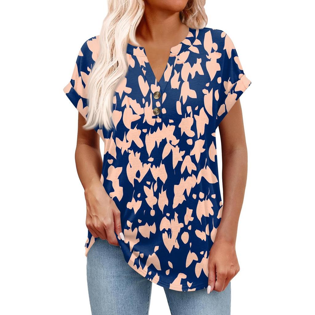 Dámský módní ležérní krátkorukávový svetr s výstřihem do V, na knoflíky, s potiskem