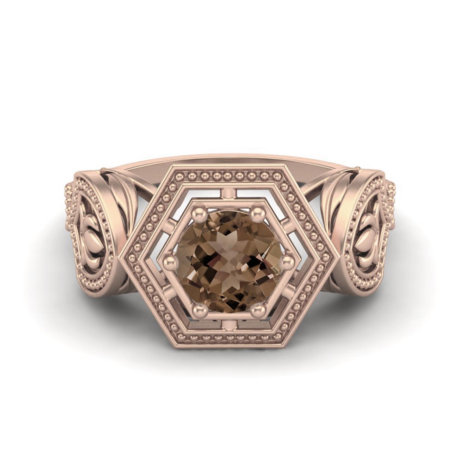 6MM Round Smoky Quartz 925 Sterling Silver Rose Vermeil Hexagon Shape Geometric Women Wedding Ring 10