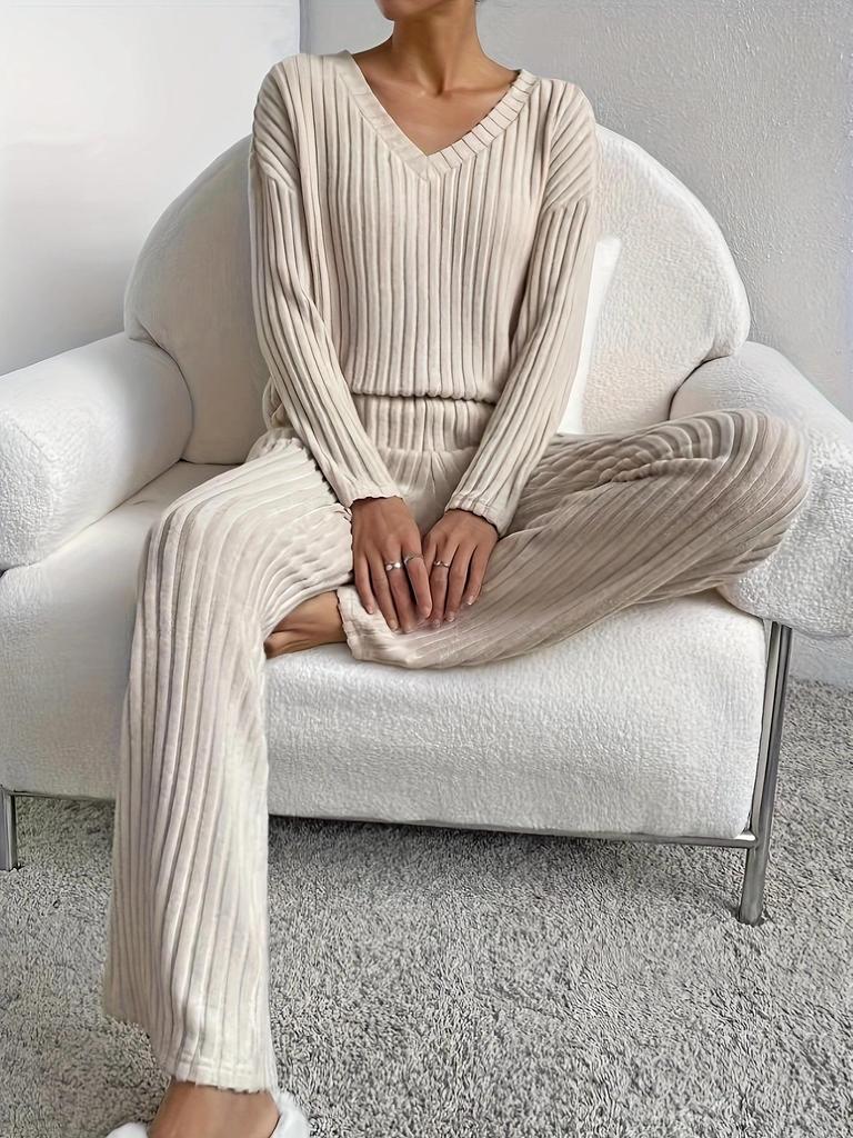 Large Ribbed V-neck Long Sleeve Women's Pant Suit Casual Two-Piece Set - 2025 Autumn/Winter Collection