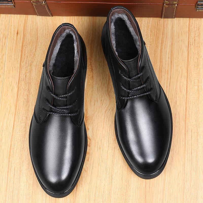 Fashion Pointed Toe Warm Plush Fur Men Boots Lace-Up Male Winter Ankle Boots Genuine Leather Business Botas High Quality Leisure Shoes