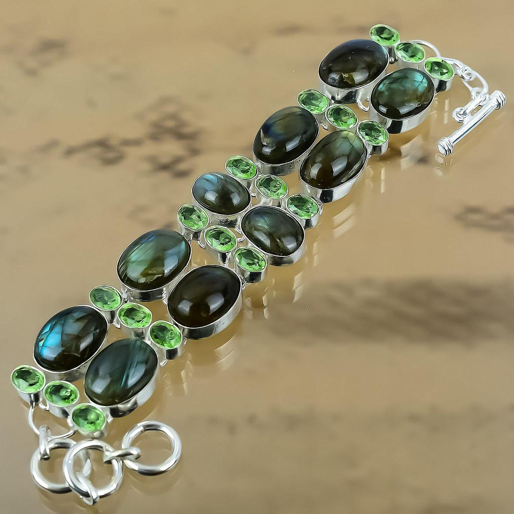 Sterling Silver Oval Labradorite Gemstone Green Amethyst Chain Sister Bracelet