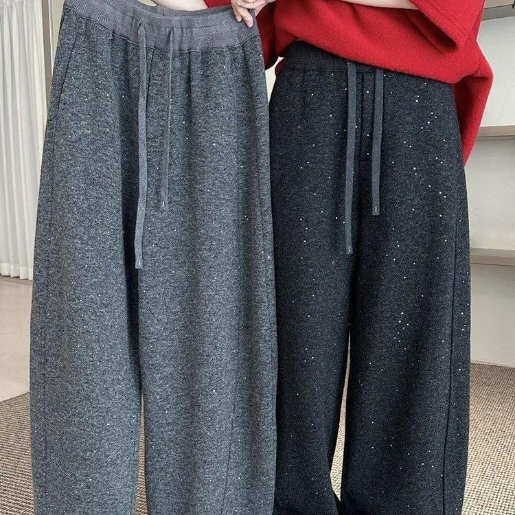 Fashionable Silver High-Waisted Wide-Leg Drawstring Pants – Women's Winter Casual Straight-Leg