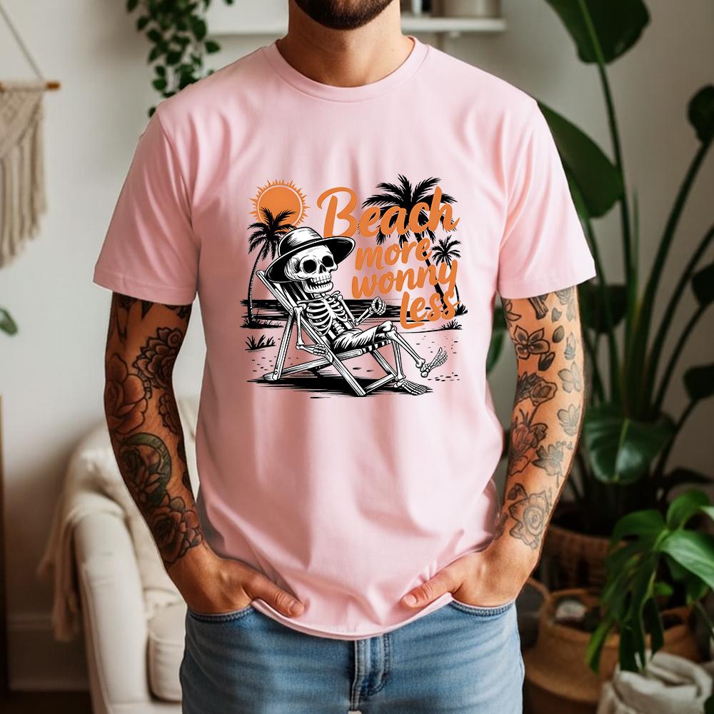 New Summer Unisexs 100 Pure Cotton TShirt Beach More Worry Less Retro Skeleton Style Casual Breathable Short Sleeve
