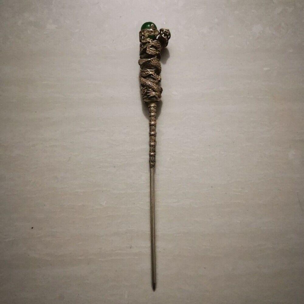 Old Chinese Tibet Silver Inlay Gemstone Handmade Hair Hairpin Statue