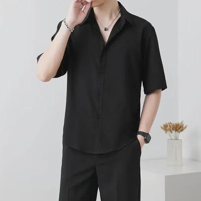 Herren Sommer Eis Seide Kurzarm Schwarzes Hemd - Hong Kong Stil, Trendy, Business Casual