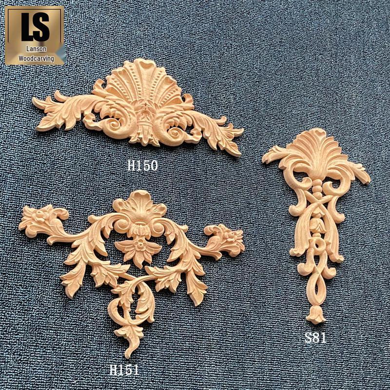 European Style Solid Wood Carved Floral Applique - Door & Wall Decoration Accessories Model H150 30x14cm