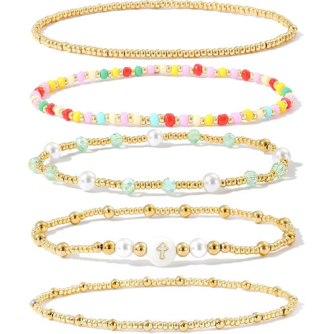 Dainty Gold Plated Pearl Crystal Beaded Bracelets Set for Women 14K Gold Plated Bead Pearl Beads Bracelet Stackable Paperclip Link Chain Bracelets