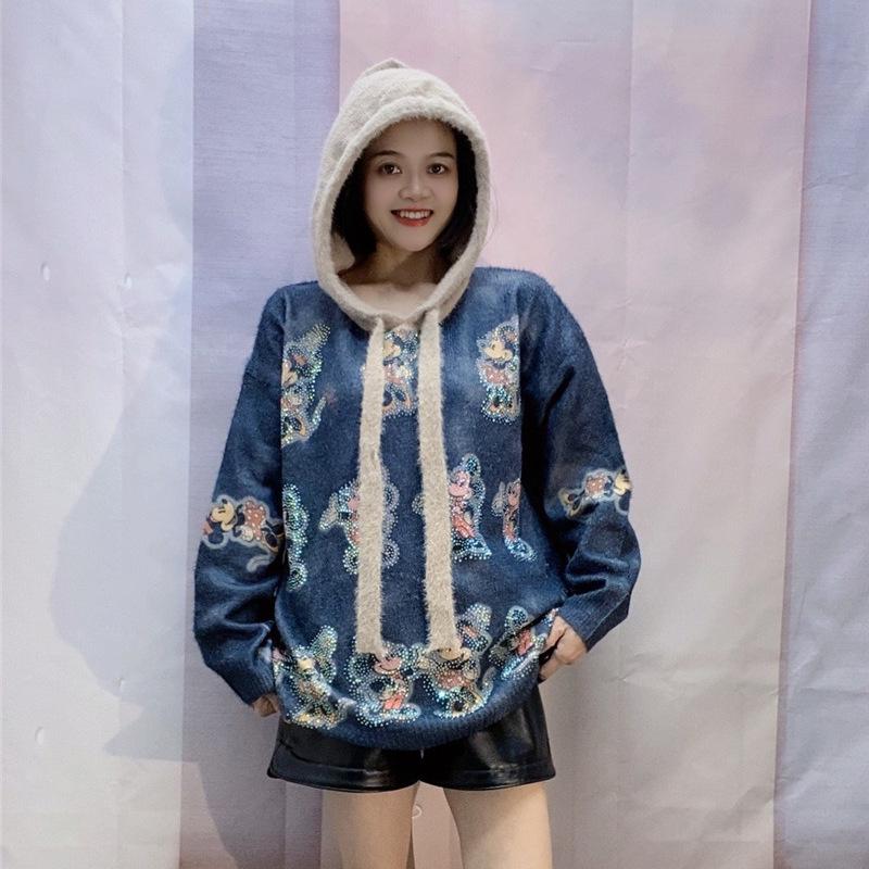 Plus Size Women's Hooded Sweater - Cartoon Print, Heavy-Duty, Warm, Loose-Fit Knit Top for Autumn/Winter