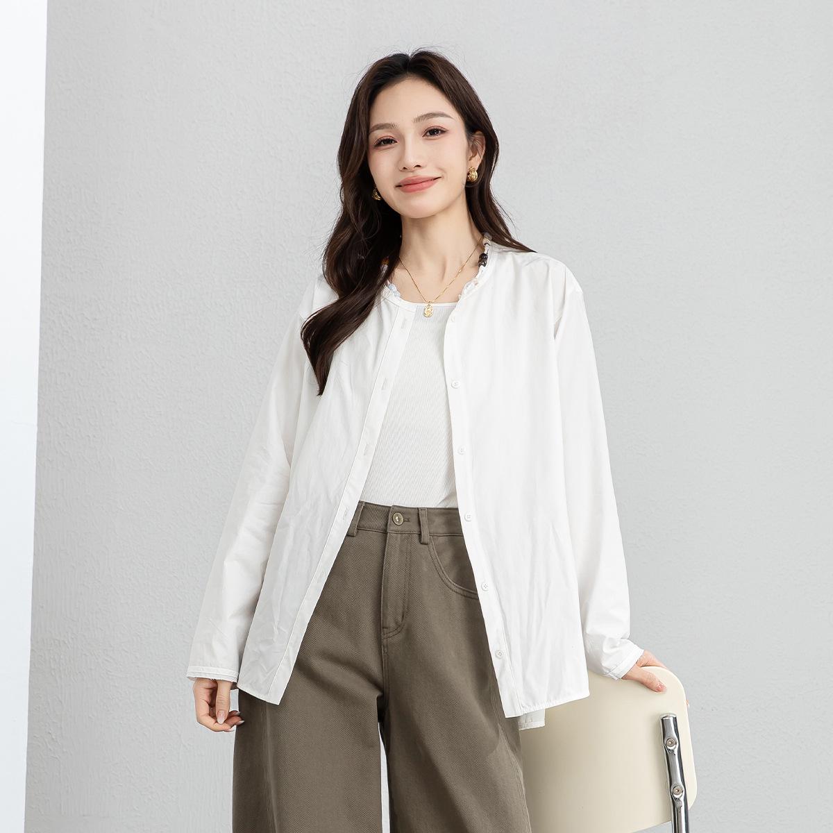Xin Ge Cotton Loose Casual Long Sleeve Shirt with Beaded Collar Small белый