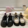 Women's Thick Bottom round Toe Shoes Retro Laced Flats Increased Height Japanese Style Student Shoes White Color Plain Pattern