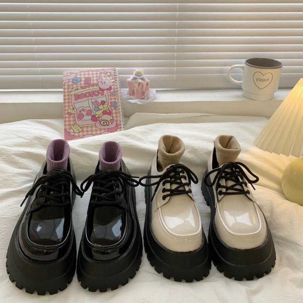 Women's Thick Bottom round Toe Shoes Retro Laced Flats Increased Height Japanese Style Student Shoes White Color Plain Pattern