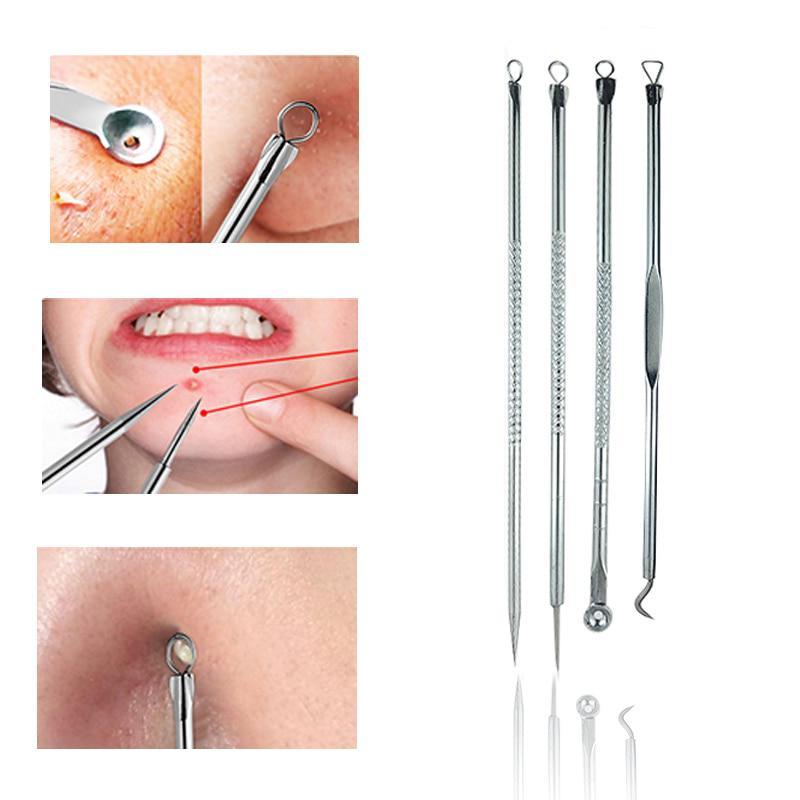 New 4Pcs Pimples Removal Skin Cleaner Antibacterial Acne Needle Tweezer Face Care Comedone Acne