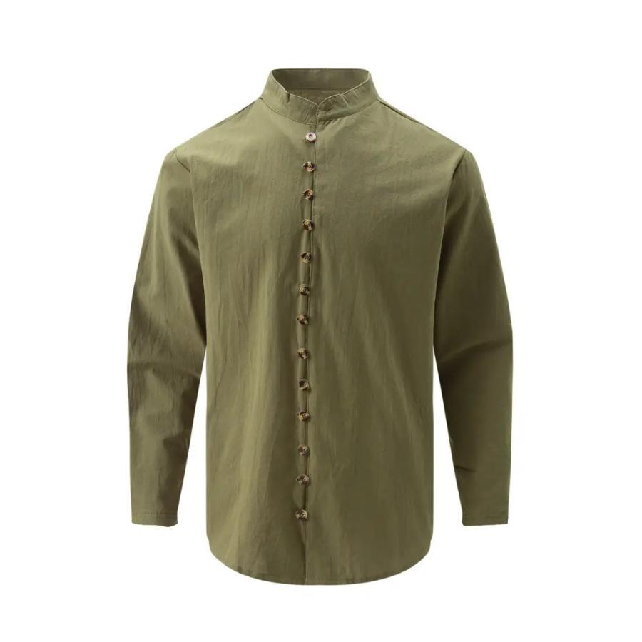 Retro Style Plus Size Solid Color Men's Cotton and Linen Long Sleeve Button Down Shirt with Stand Collar Spring Fall Outdoor
