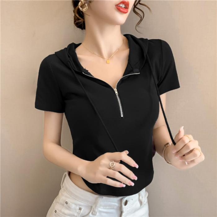 

Летняя хлопковая повседневная тонкая нерегулярная футболка женская уличная одежда Harajuku однотонная молния футболки с коротким рукавом для женщин черные белые укороченные топы Y2k S