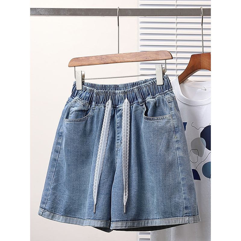 Summer New Plus Size Women's Clothing Lace Bandage Elastic High Waist Loose Thin Elastic Four Points Denim Shorts Hot Pants