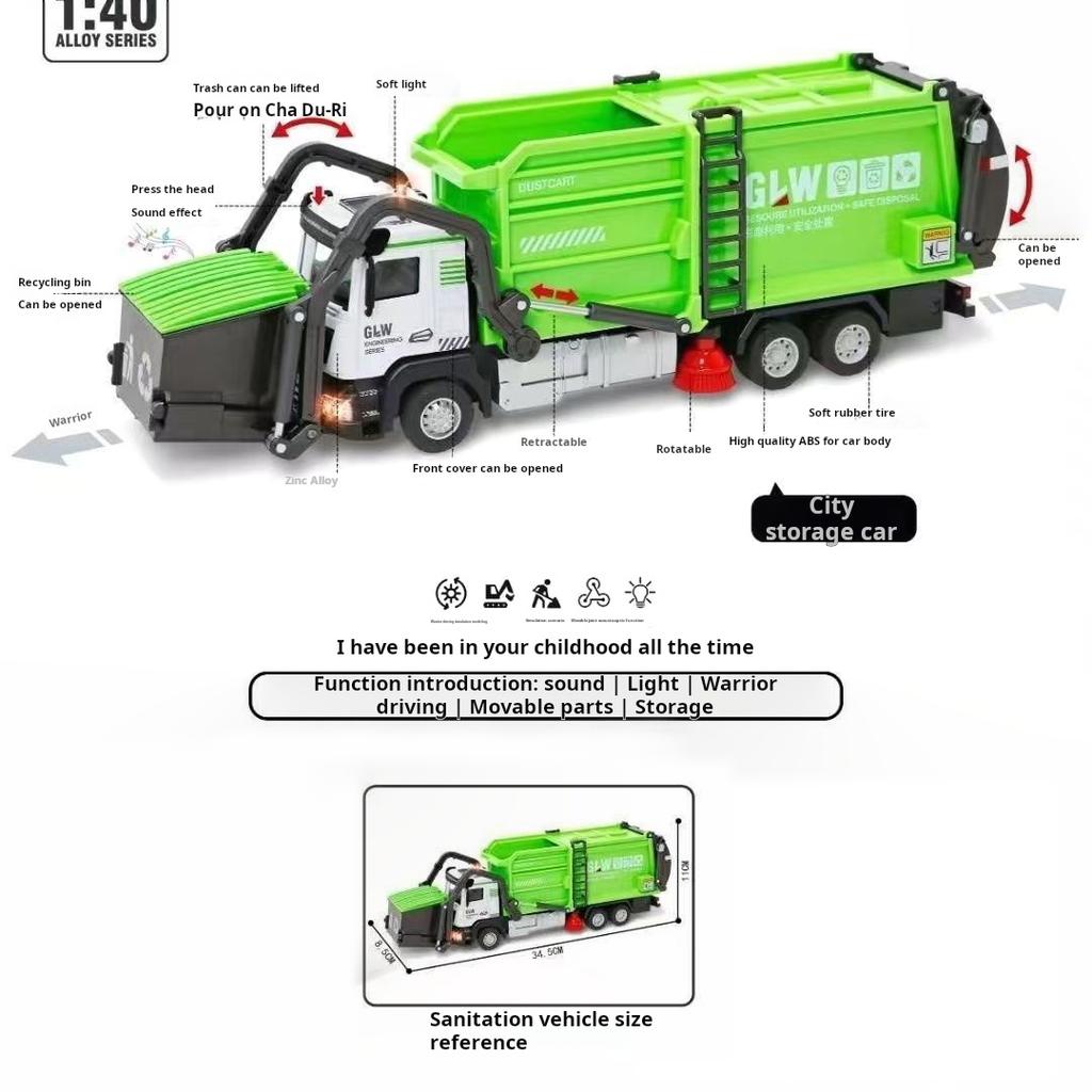 1:40 City Garbage Truck Model Simulation Diecast Water Tanker Sanitation Vehicle Sound and Light Toys for Children Gift