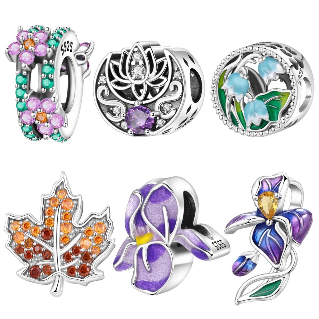 Orstarry S925 Silver Charm Lily of the Valley, Purple Irises Flower Bead Fit Bracelet Necklace DIY Jewelry Making Gift
