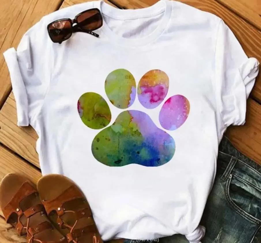 Women's Large Size Short Sleeve Crewneck T-Shirt Cartoon Hand-Painted Dog Paw Print Warm Polyester Fabric Summer Fashion
