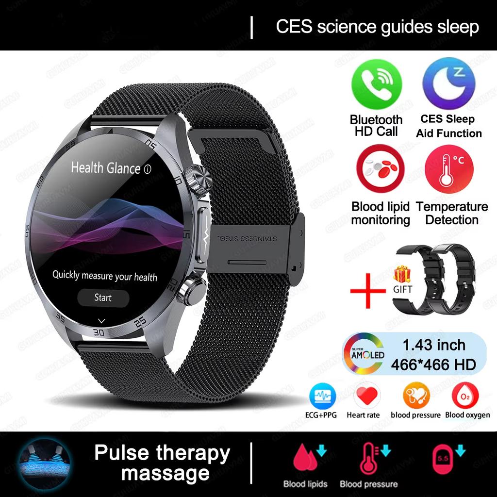 2025 NEW Pulse Therapy Smart Watch Sapphire Glass Screen ECG+PPG Blood Fats Uric Acid BT Call Sports Health Watches for Huawei