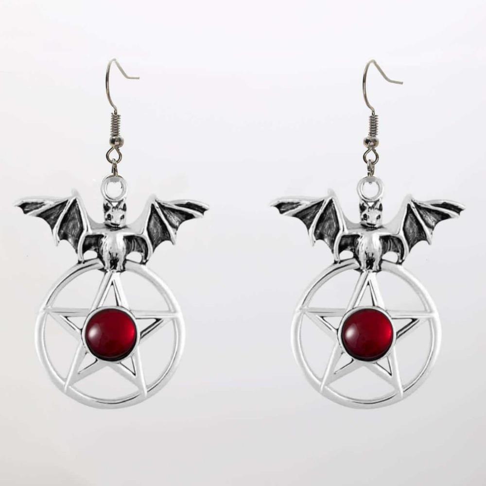 Goth Punk Sliver Color Vampire Bat Five-pointed Star Red Crystal Pendant Dangle Earrings for Women Halloween Party Witch Jewelry