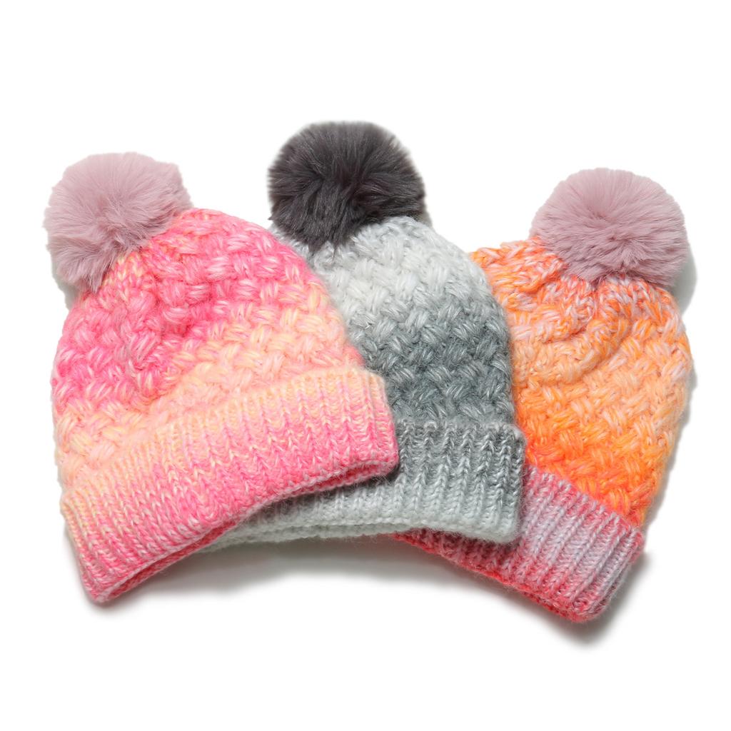 Autumn and Winter New Warm Hairball Knitted Hat Fleece Thickened Ear Protection Hat Gradual Change Color Tie-dye Wool Hat Korean Version