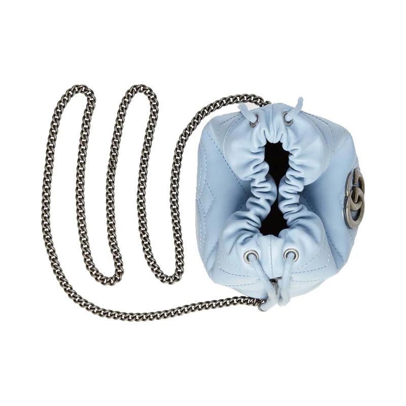 Gucci crossbody bag GG Marmont Silver Label Logo Quilted Leather Drawstring Bucket Chain Shoulder Mini Women's Light Blue Candy Color Unicorn Color