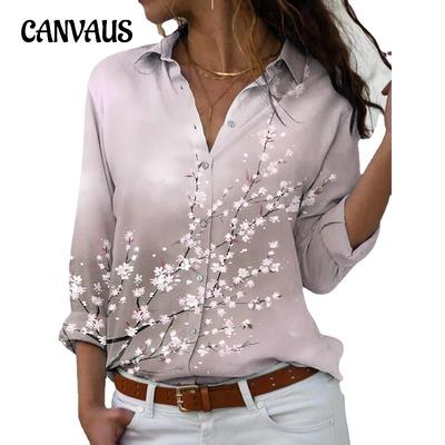 Frühlings- und Herbstoberteile für Damen mit Pfirsichblüten-Druck, Übergröße, V-Ausschnitt, lange Ärmel, lockeres Hemd