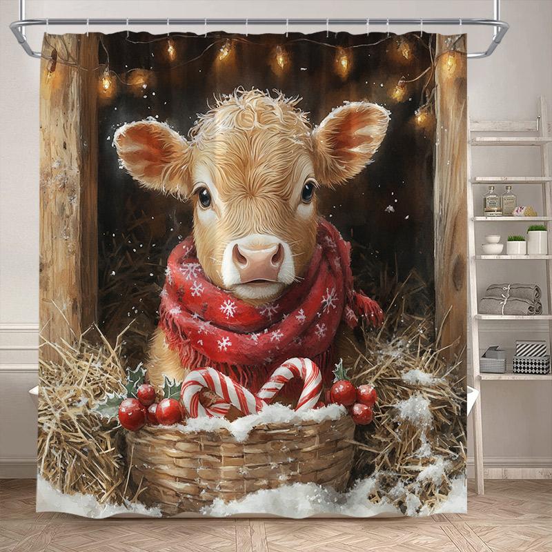 Christmas Highland Cow Shower Curtain Winter Cedar Snowy Xmas Gifts Farm Animal New Year Home Bathroom Curtains Decor With Hooks